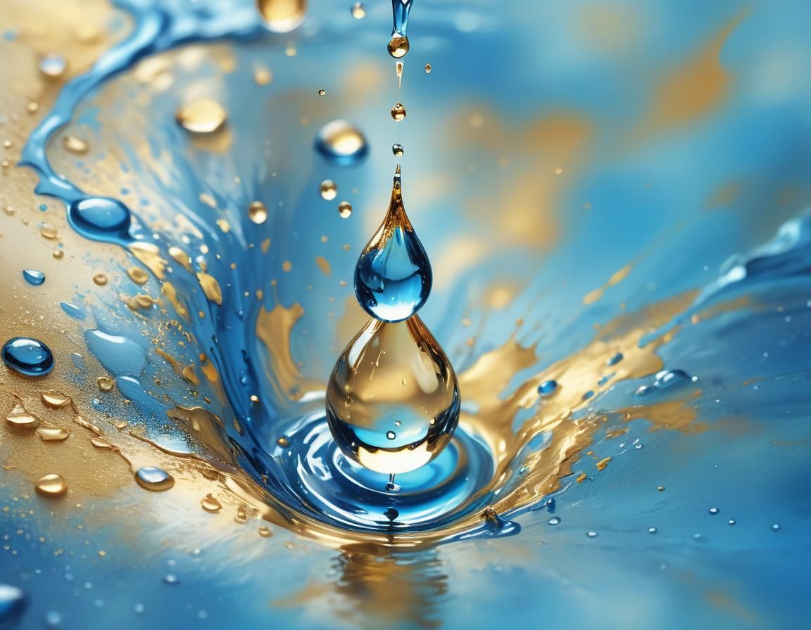 Golden Ocean Inside a Blue Waterdrop: Watercolor Art