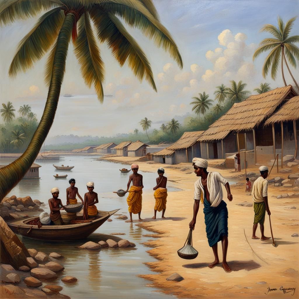 Fisherman Returns to Coastal Village: Oil Painting