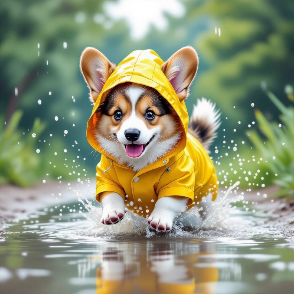 Corgi Puppy's Rainy Day Jump: Whimsical Art