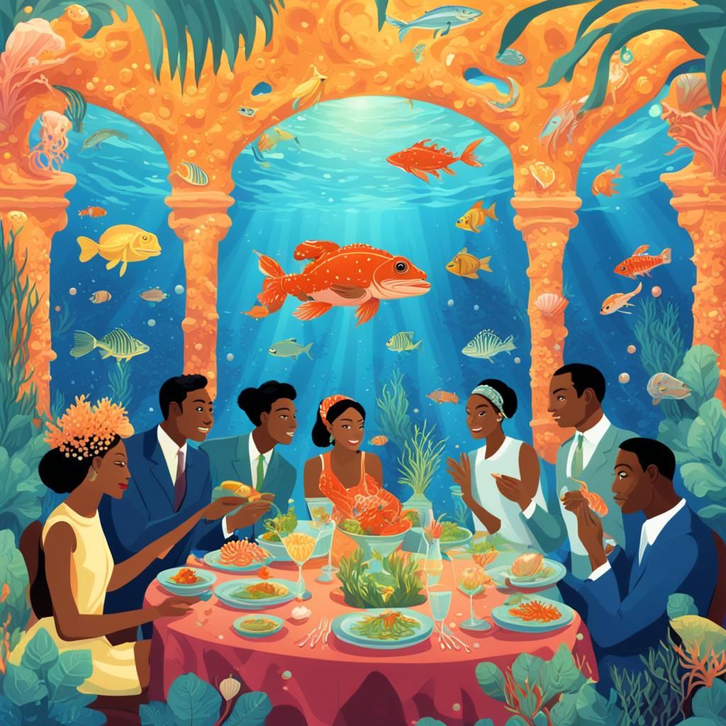 Underwater Banquet of Amphibian People in Impressionist Styl...