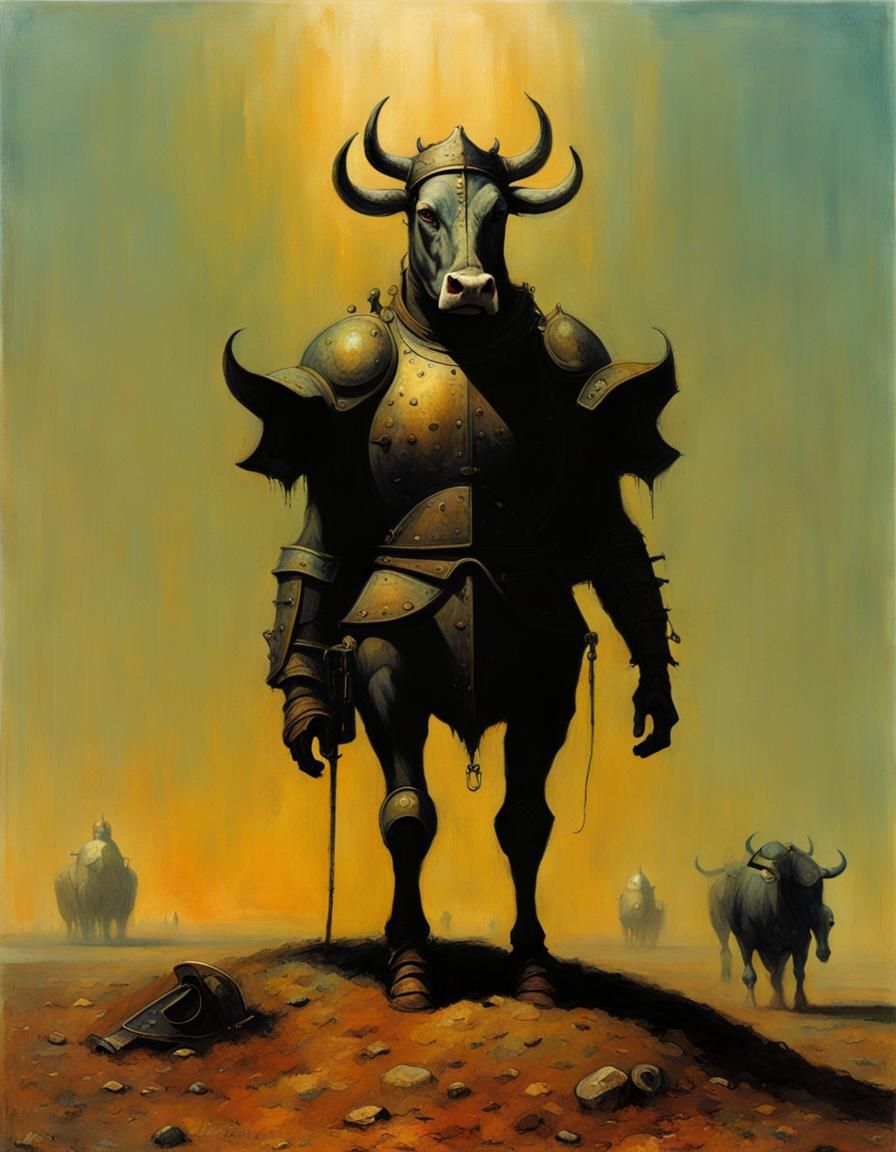 Hero Cow in Armor, Surreal Dark Fantasy Art