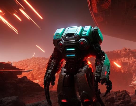 doom intricate mech details, ground level shot, 8K resolution, Cinema 4D, Behance HD, polished metal, Unreal Engine 5, r...