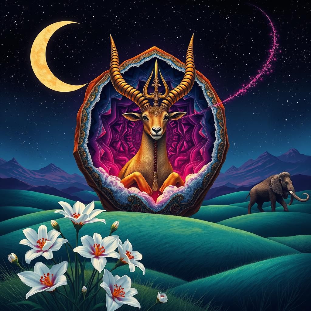 Aztec Geode Ibex with Trident in Dreamlike Digital Art