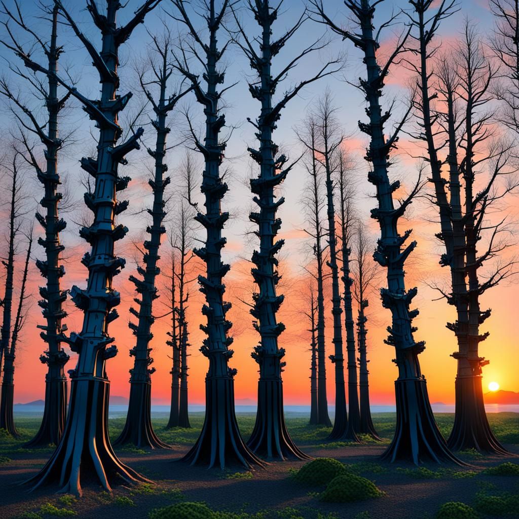 Robotic Trees at Sunset: A Sci-Fi Landscape