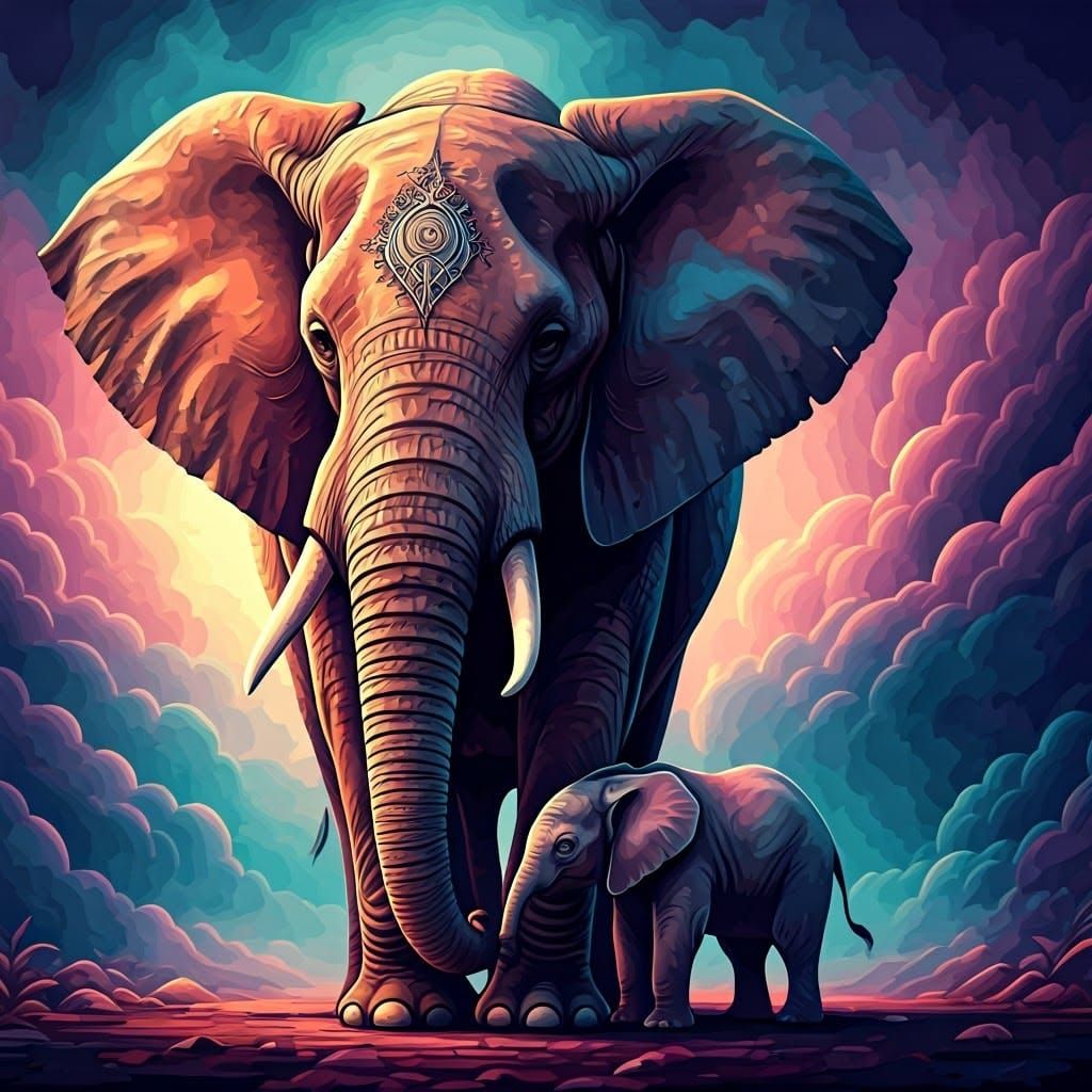 Elephant Mother and Calf in Dreamy Colors