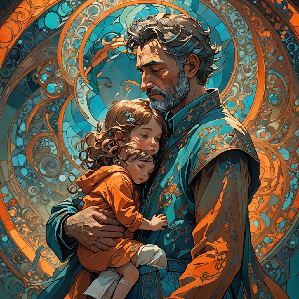 Father and Child Hugging in Volumetric Lighting