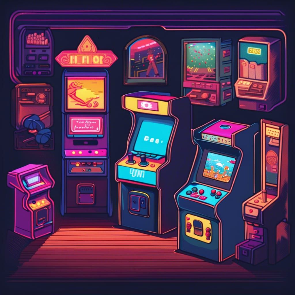 Nostalgic Lofi Arcade Scene in Anime Style