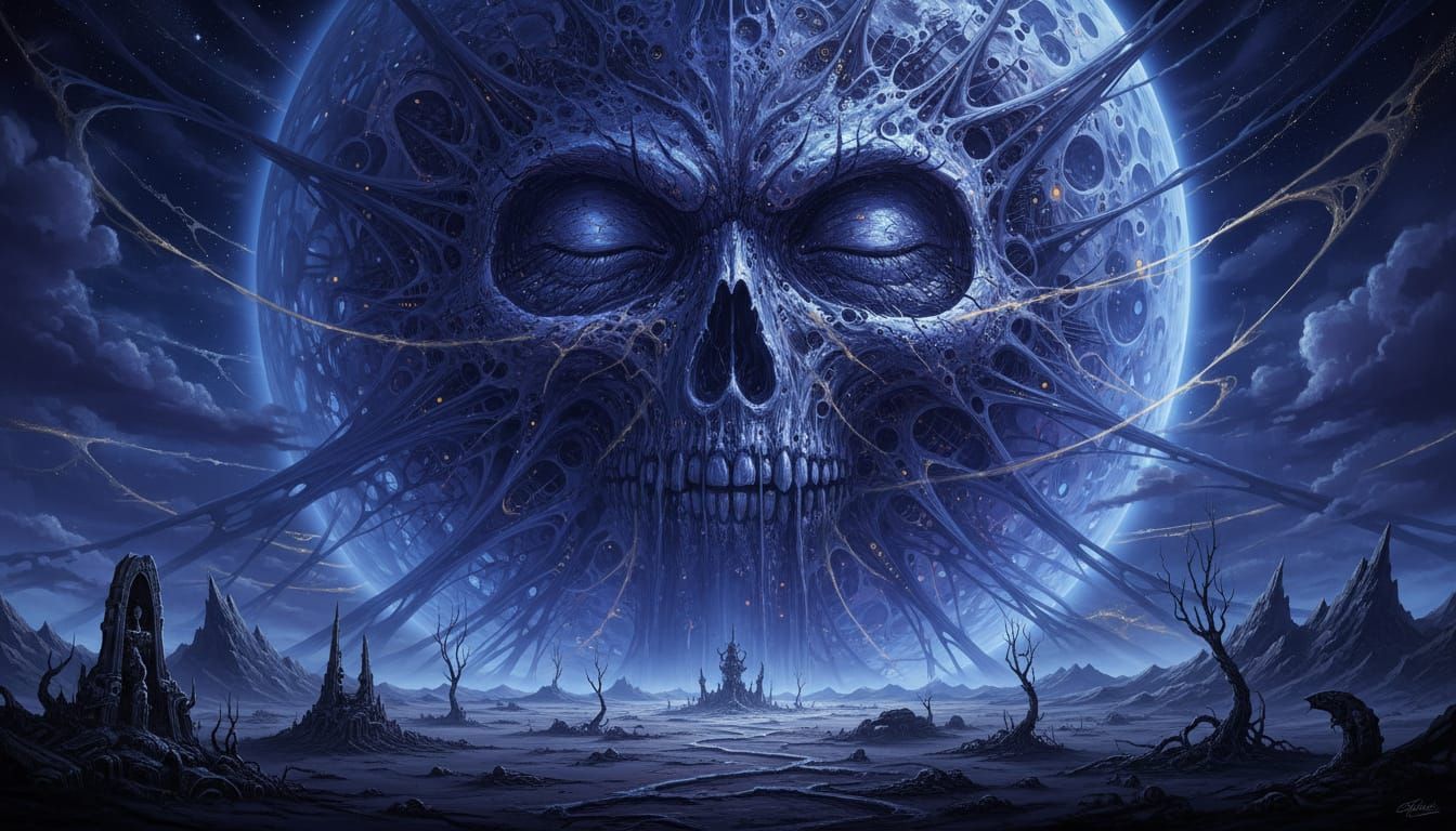 Living Moon Gazes Over Desolate Landscape in Cosmic Horror S...