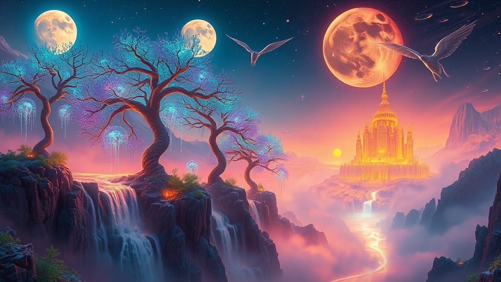 Surreal Fantasy Landscape in Twin Suns