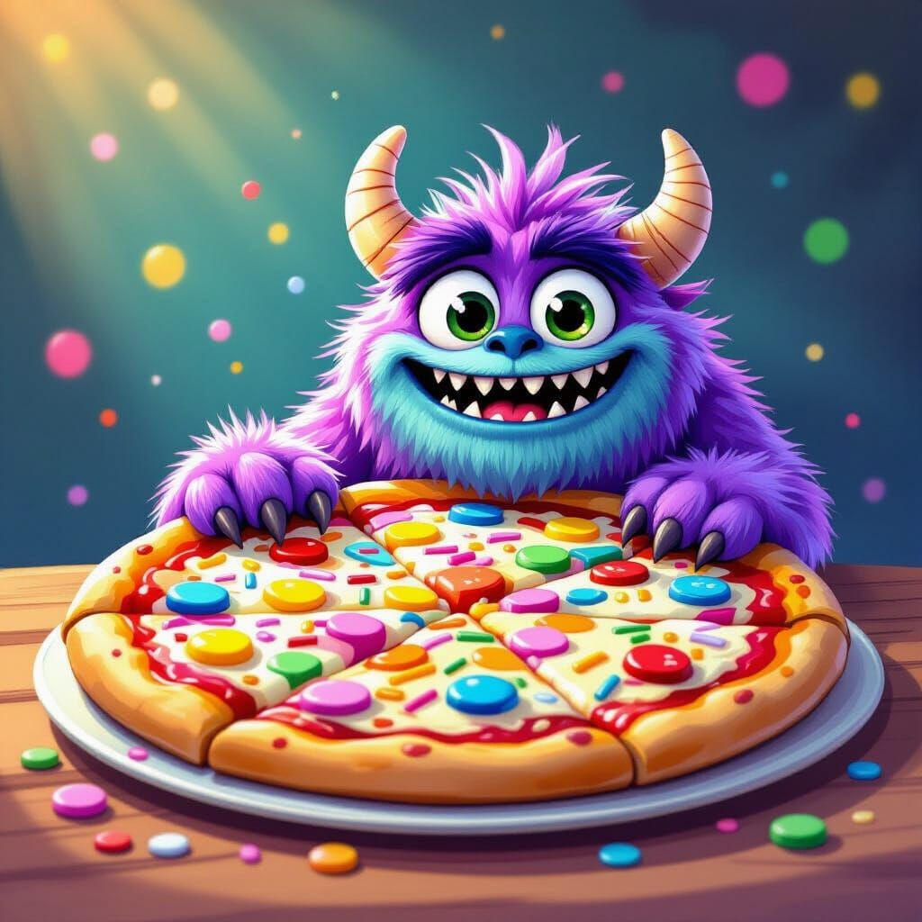 Whimsical Candy Pizza With Fluffy Monster