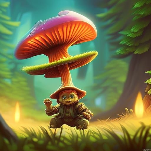 Chibi Mushroom Gremlin in Hyperdetailed Forest Painting