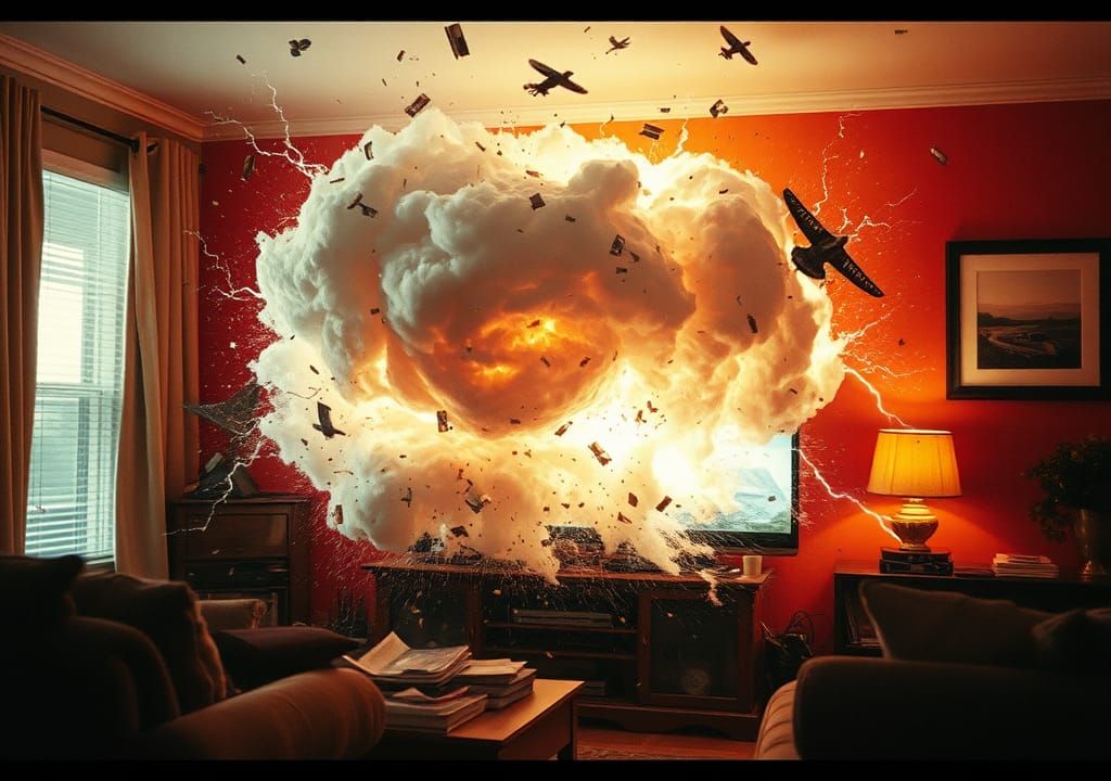 Hurricane Bursts From TV Screen: Cinematic Film Still