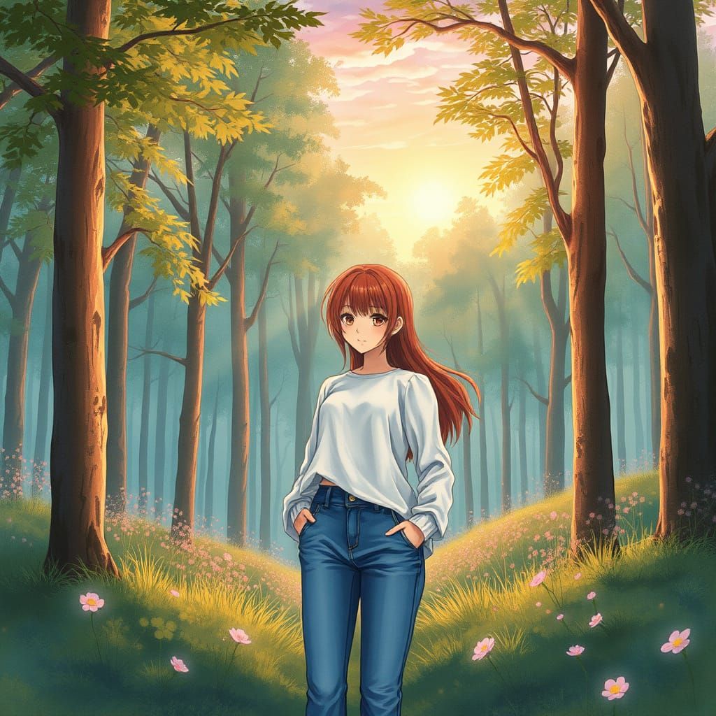 Woman in Magical Forest: Japanese Manga Style