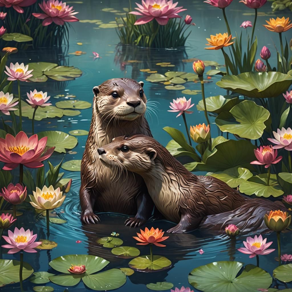 Loving Otters in Fantastical River Art