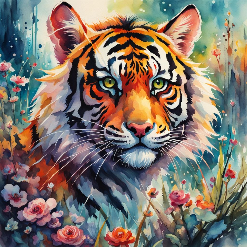 Detailed Chibi Tiger Watercolour Fantasy