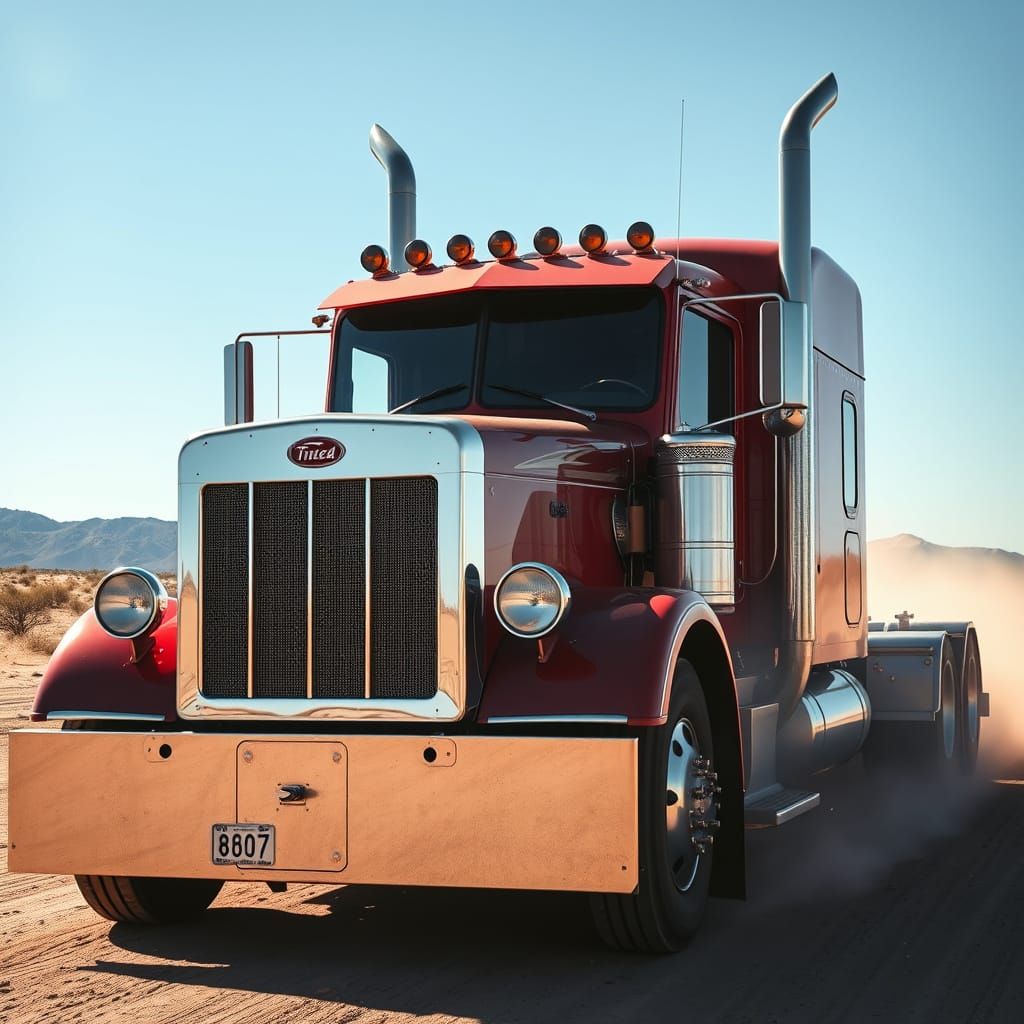 Vintage Chrome Semi Truck in a Dusty Desert Landscape