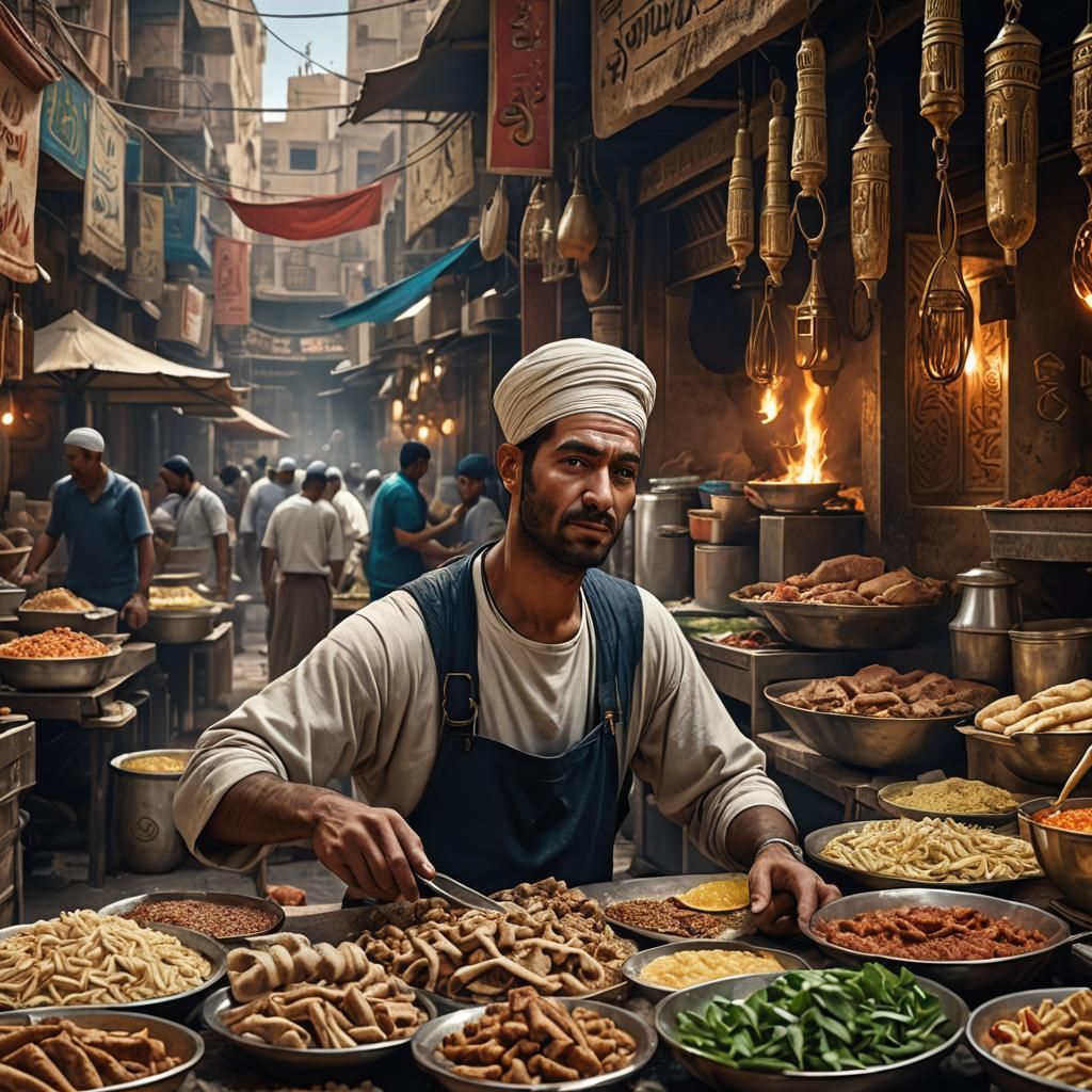 Egyptian Shawarma Vendor in Open Market