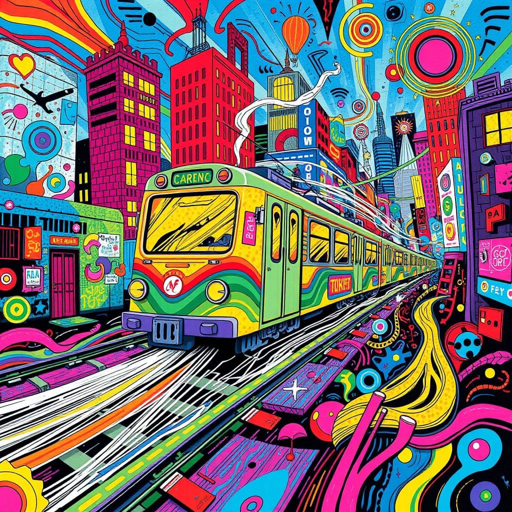 Colorful Shoe Train Speeding Through Cityscape