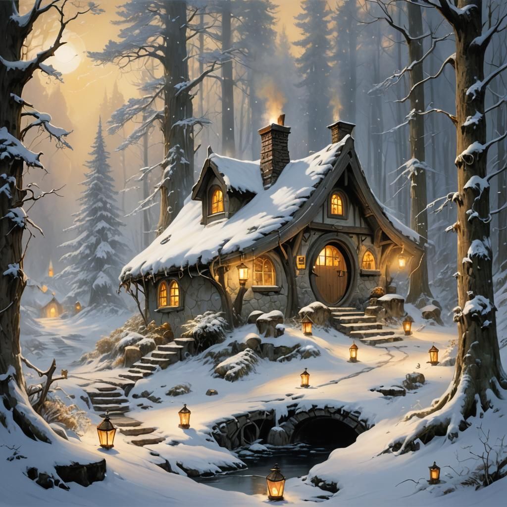 Cozy Hobbit Home in Snowy Forest