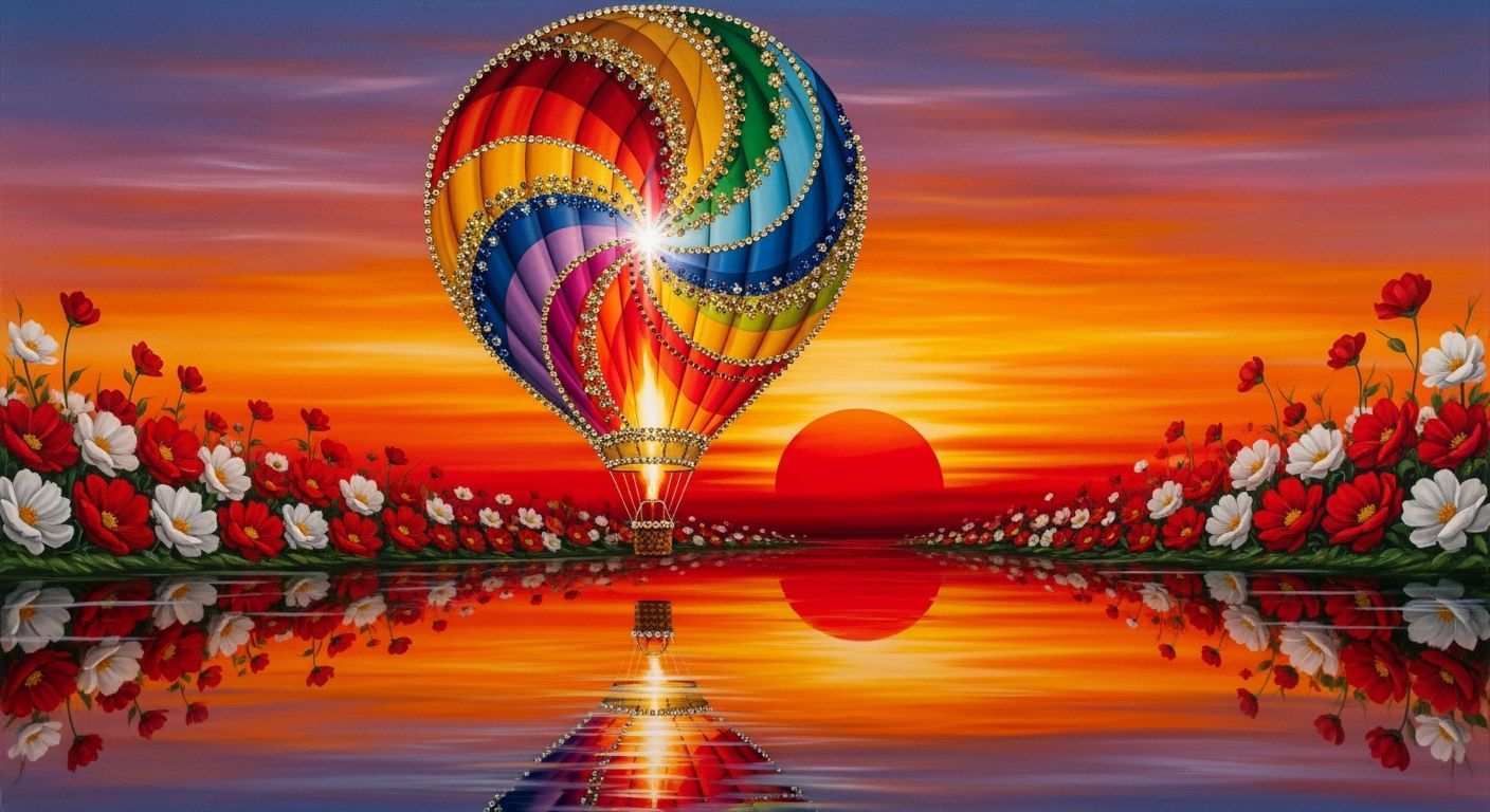 Abstract Sunset Hot Air Balloon with Gold Rhinestones