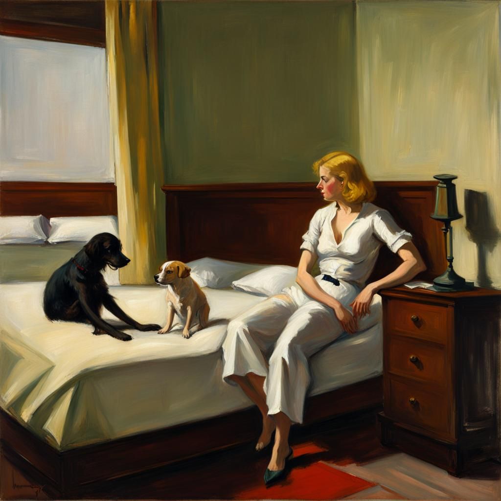 A blonde woman sitting on an unmade bed