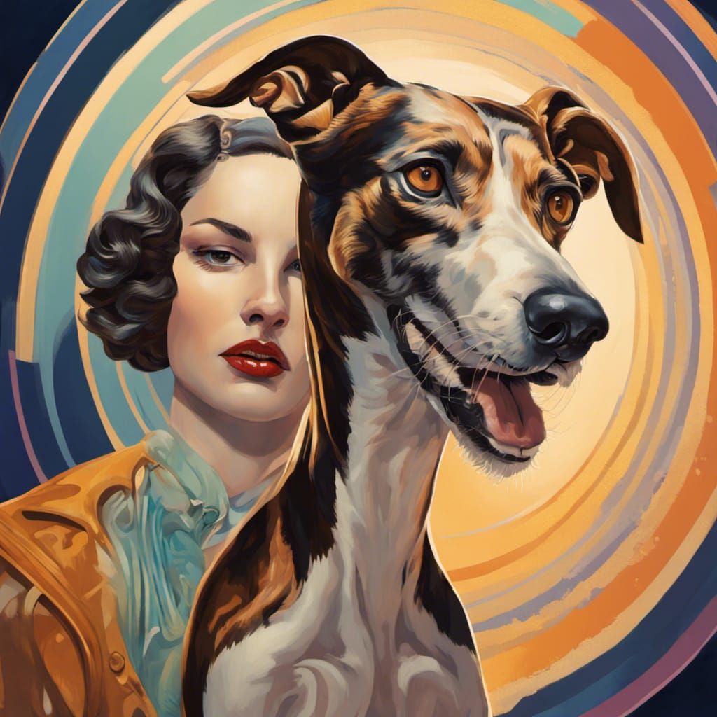 Art Deco Woman with Greyhound in Hyperrealistic Style