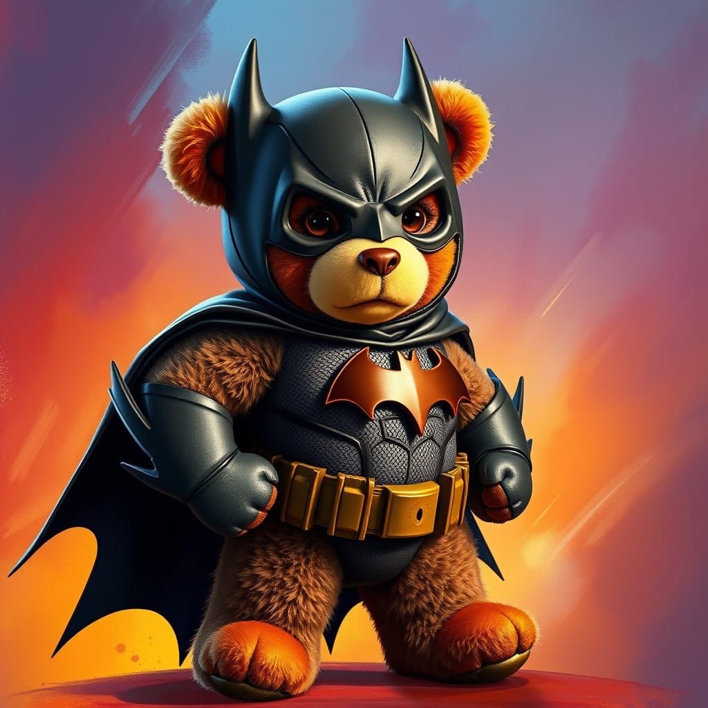Heroic Teddy Bear in Batman Costume, Dynamic Pose, Vibrant B...