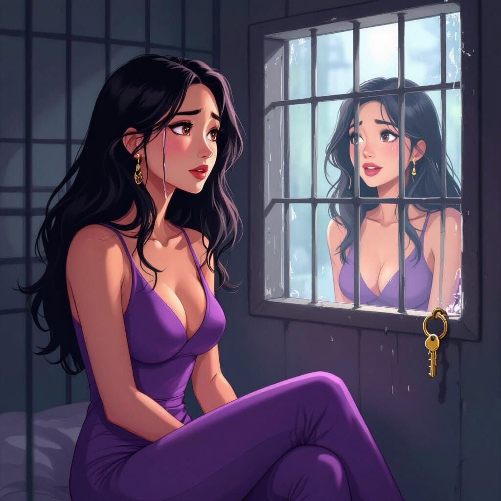 Animated Woman in Cage: Emotional Digital Portrait