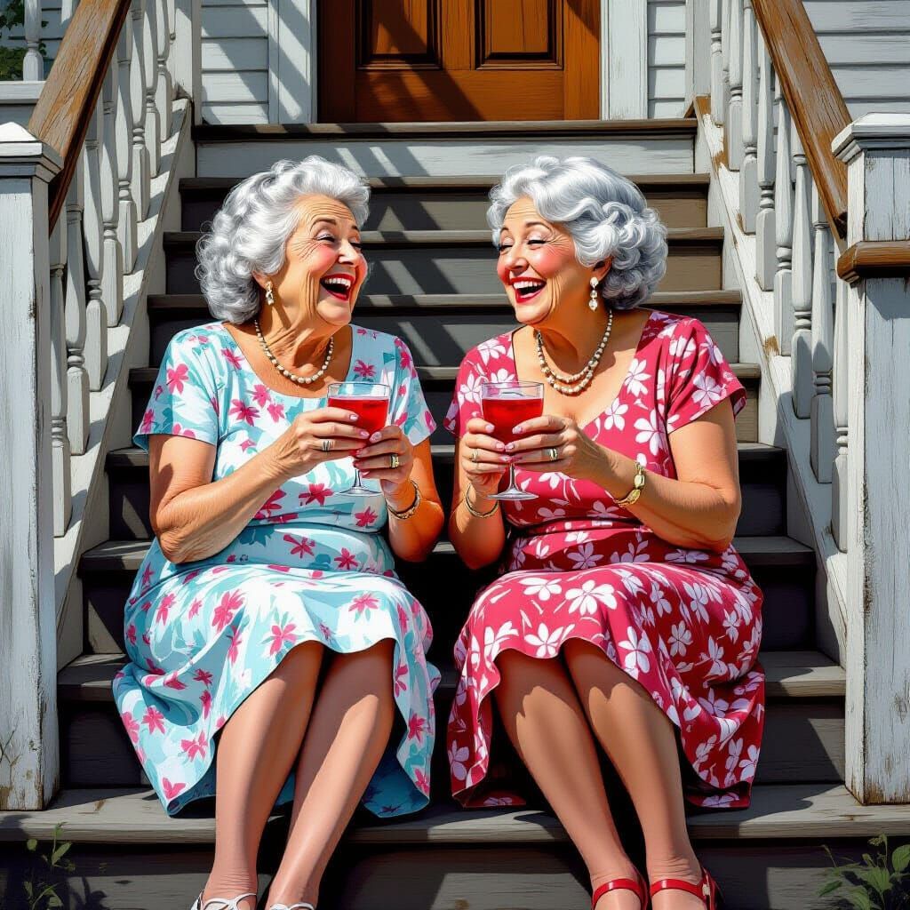 Elderly Women Sharing Cocktails: A Hyperrealistic Caricature