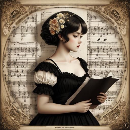 Woman in Sheet Music Dress, Collage Art