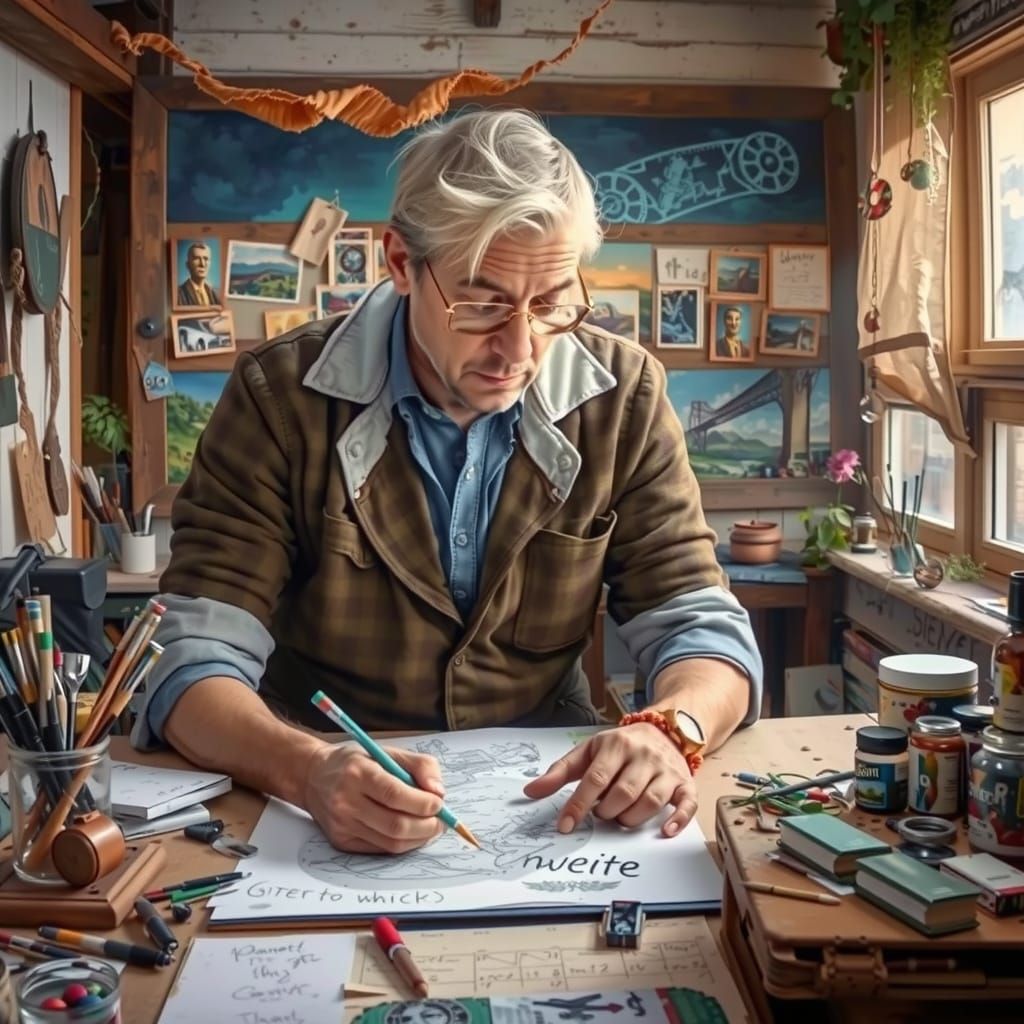 Artist in a Colorful Steampunk Studio