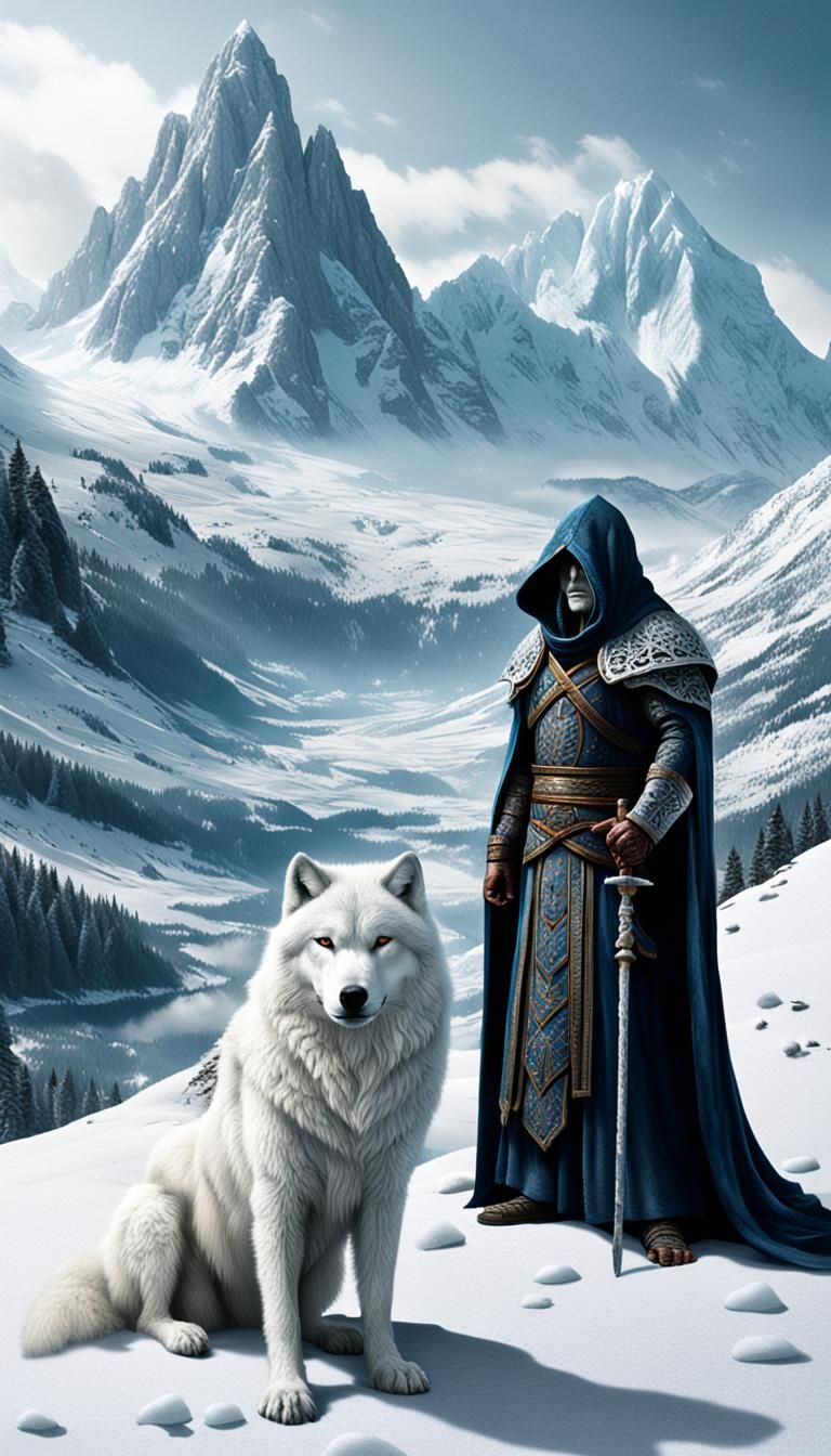 Hooded Winter God with White Wolf