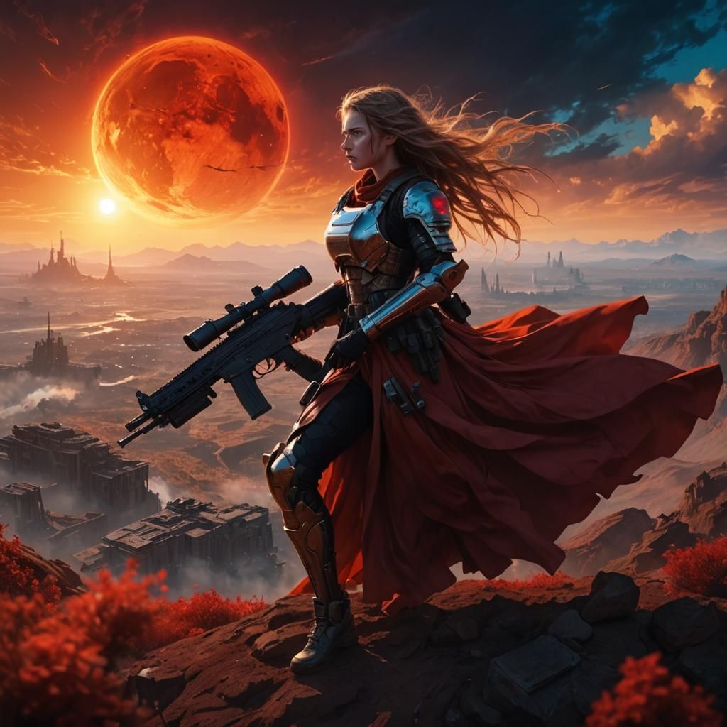 Teen in High-Tech Armor Gazing at Red Sun