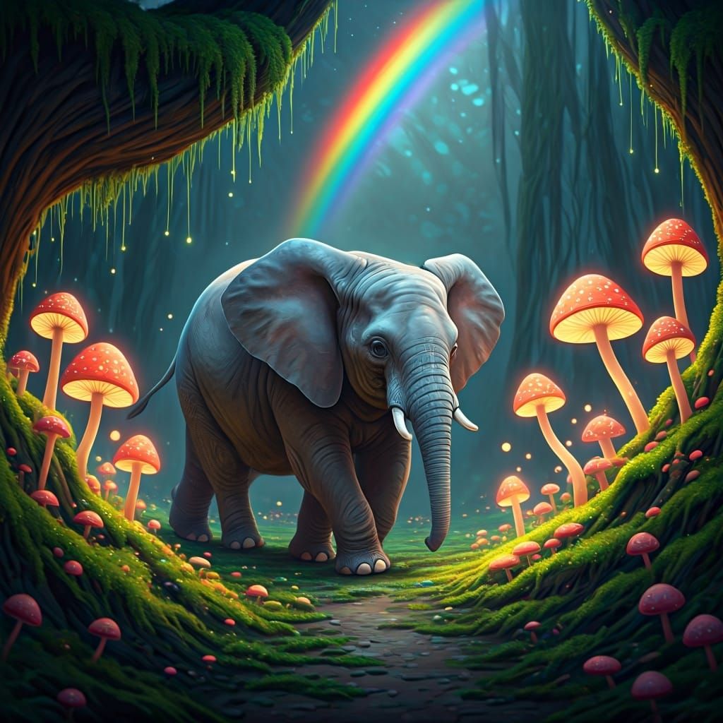 Enchanted Elephant in Bioluminescent Ghibli Dreamscape