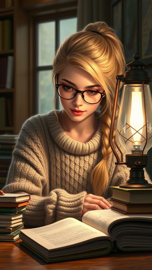 Woman Studying by Gas Lamp in Cozy, Realistic Scene