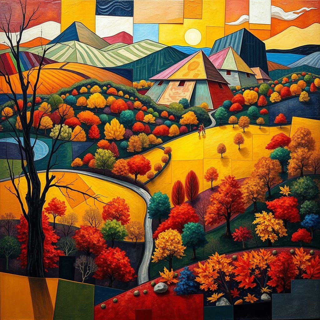 Vibrant Cubist Autumn Mosaic with Geometric Shapes and Kalei...