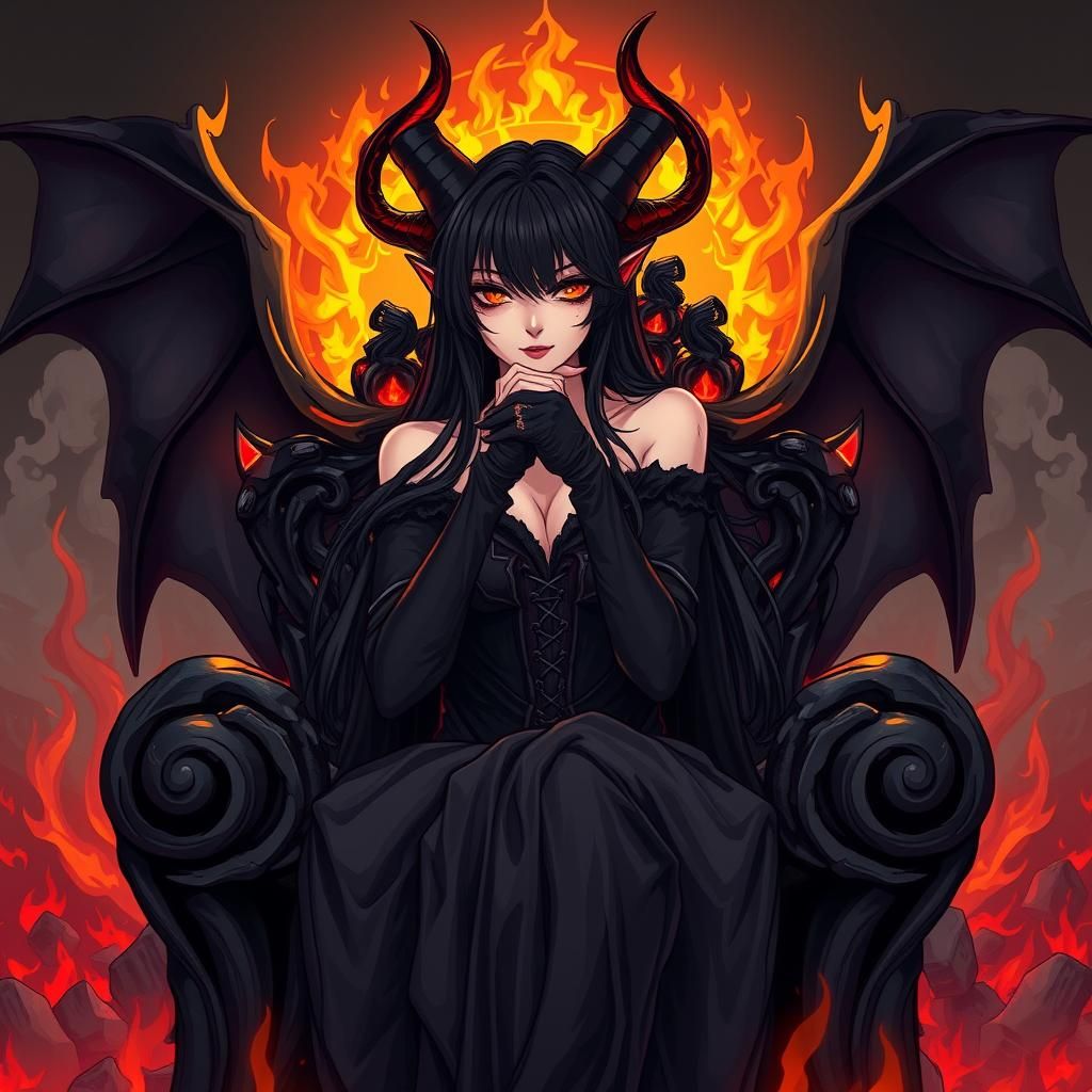Majestic Demon Queen on Brimstone Throne in Manga Style