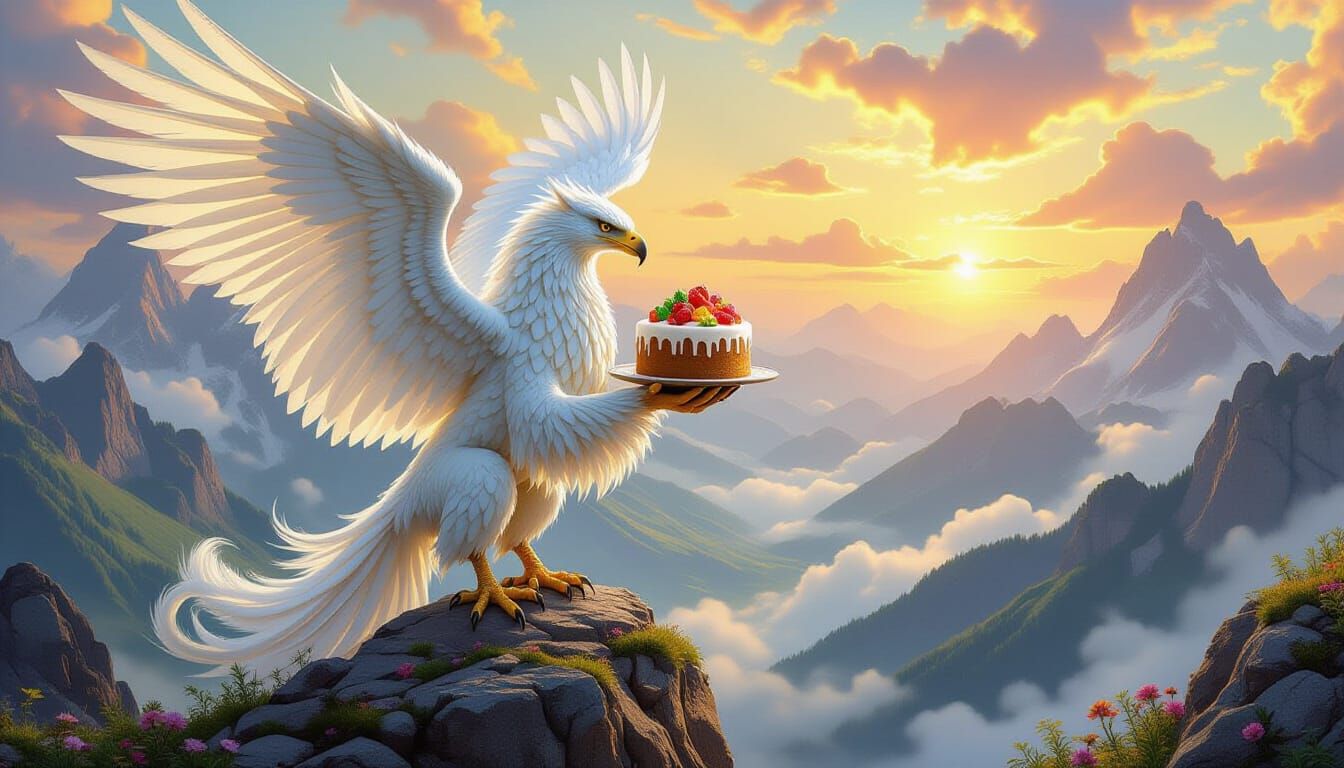 Griffin with Garden Cake Above Misty Mountains