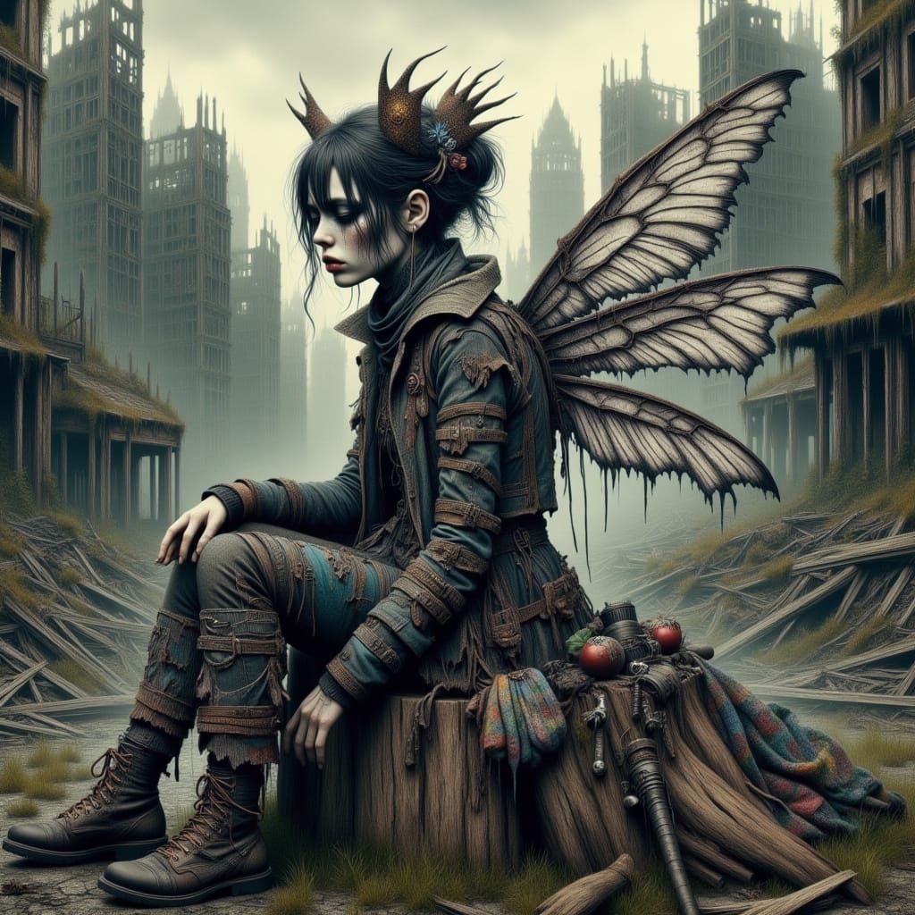Gothic Fairy Lost in a Post-Apocalyptic Landscape
