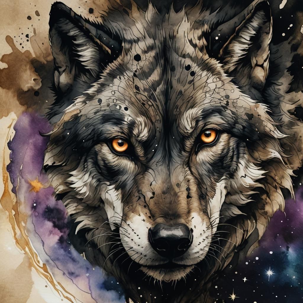 Ink Art Wolf Portrait in Dramatic Lighting