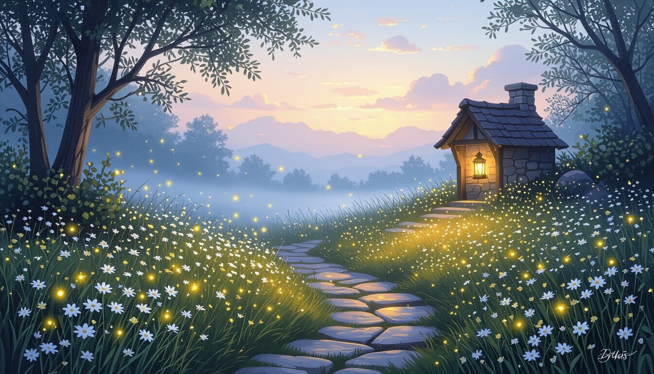 Magical Dusk Path to Lantern-Lit Fantasy Home
