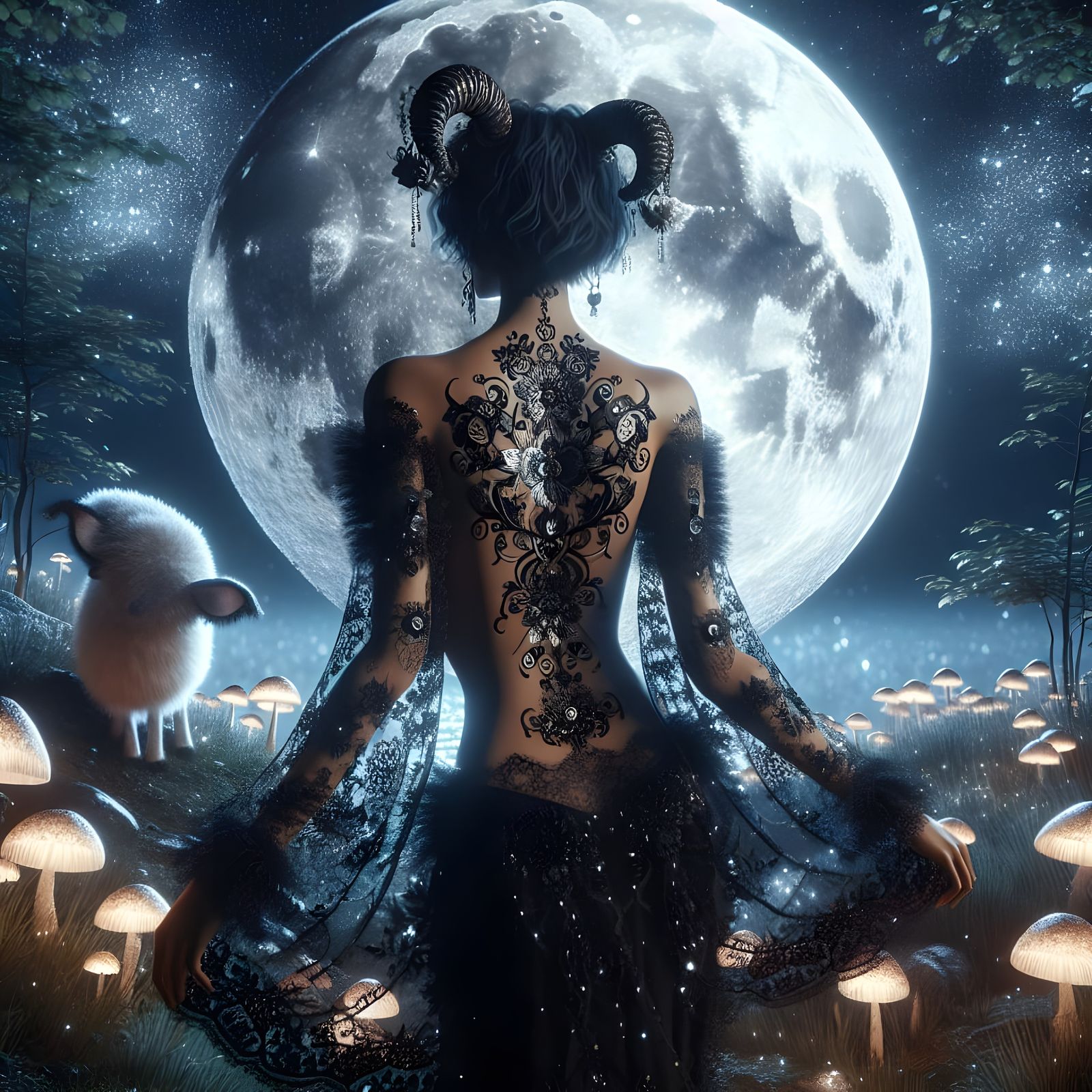 Pan as a woman, (Satyr:1.5) full moon, moonlit night, goth c...