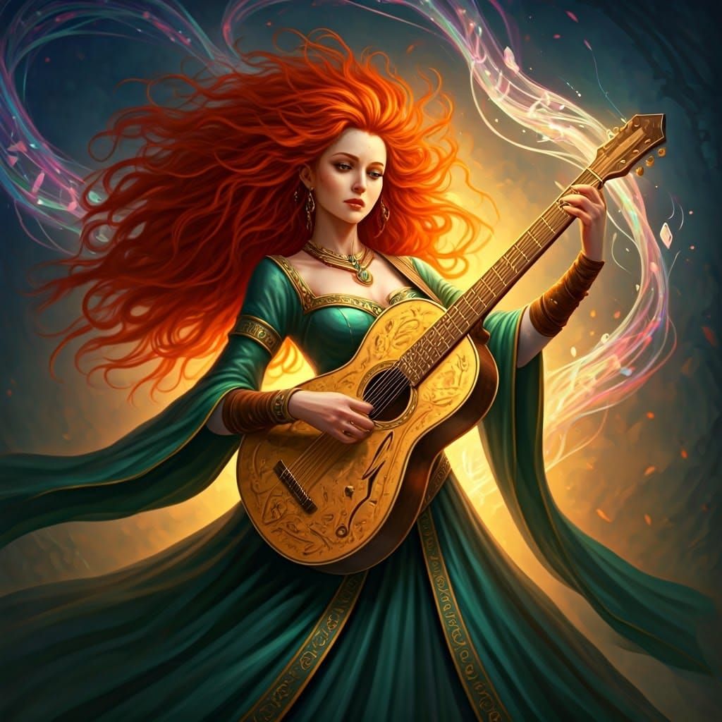 Fiery Redhead Bard Playing a Magical Guitar