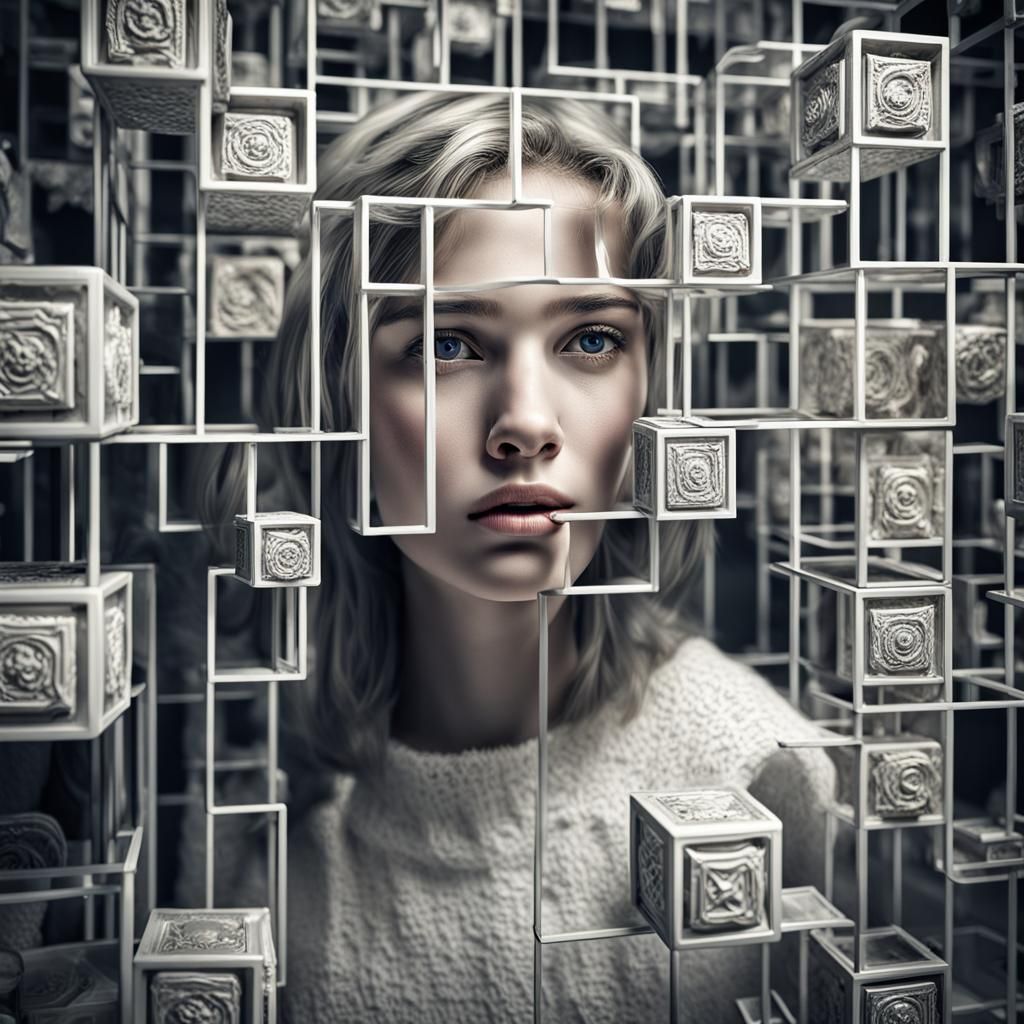 Sensual Woman Holding 3D Cube with Hole