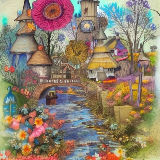 Spring Fantasy Village Collage in Folk Art Colors