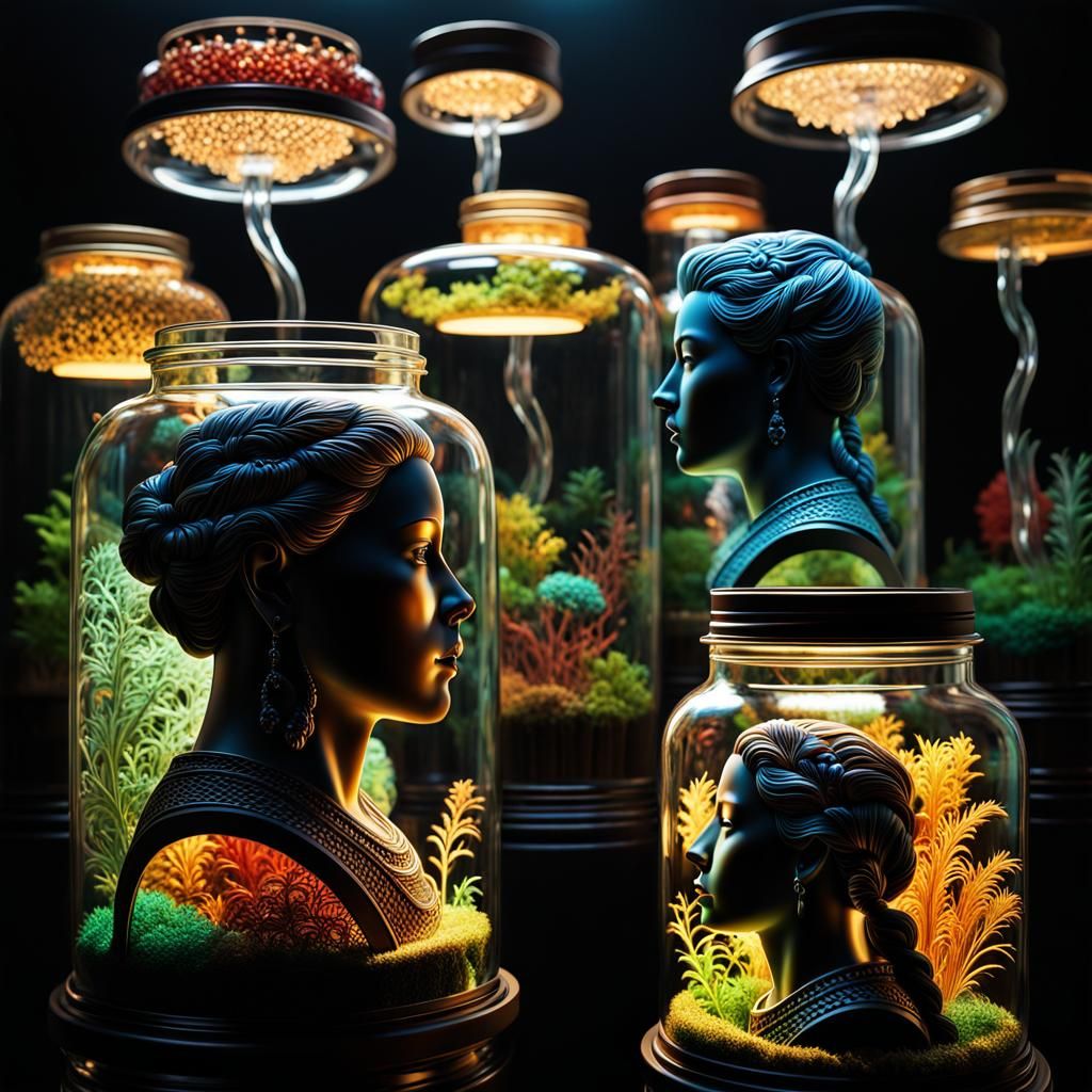 Head Silhouette Filled with Jars: Hyperrealistic Concept Art