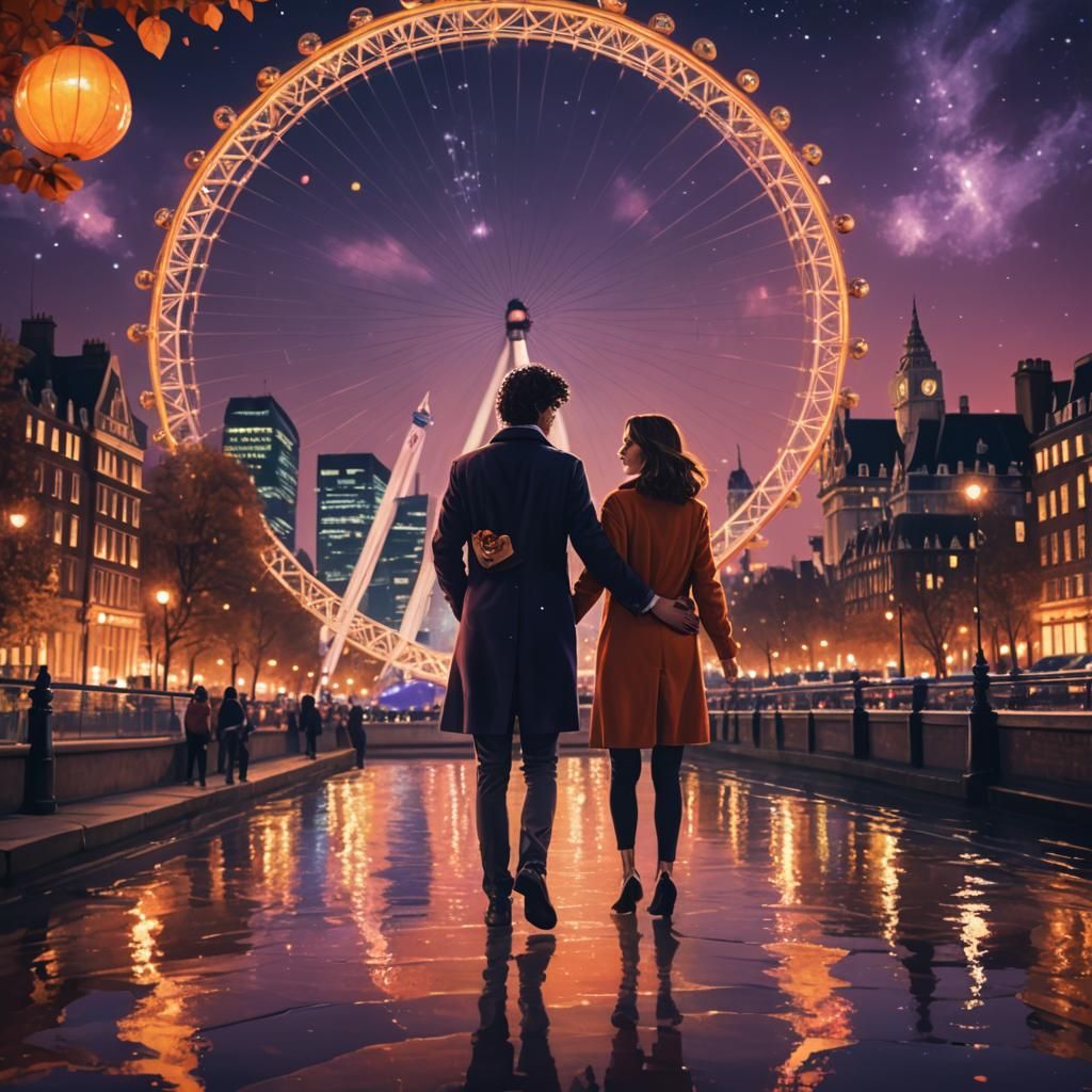 Fantasy Art: Couple at London Eye in Surreal Lights