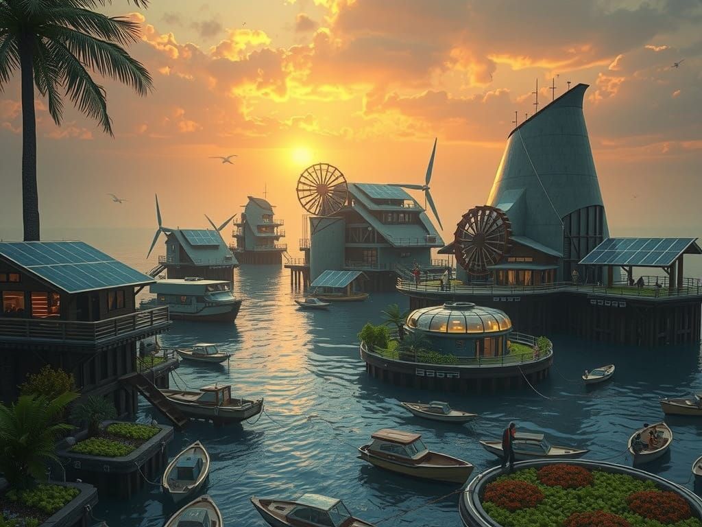 Surreal Eco-Utopia Rises from the Ocean in Solarpunk Style