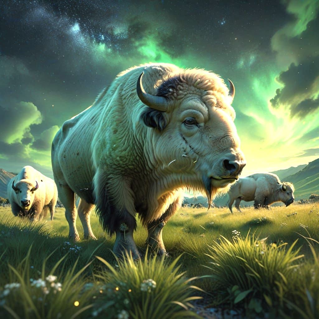 White Bison Graze Under a Nebula Sky