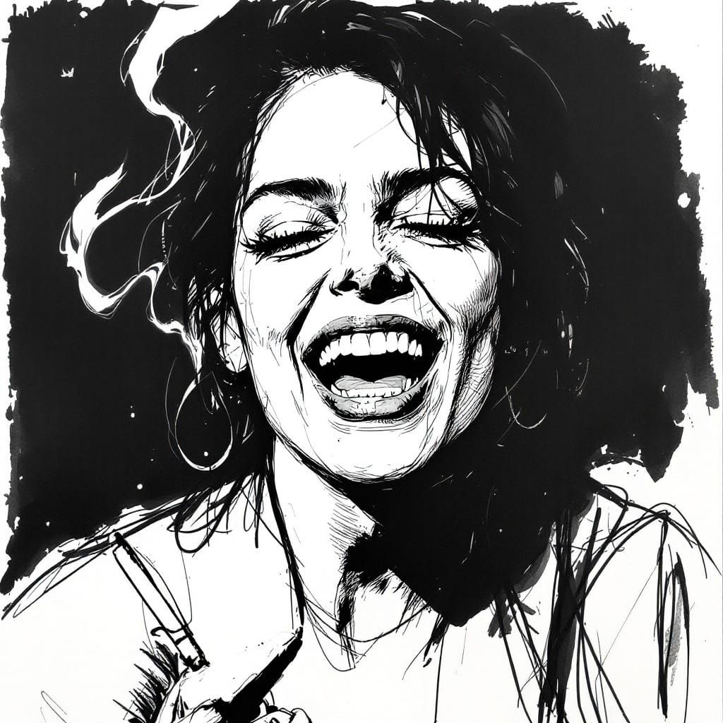 Expressive Woman in Motion: A Gritty, Ink Drawing